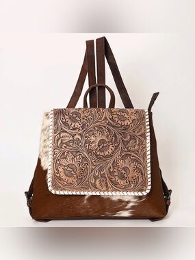 Western Backpack Handcrafted Brown Floral Tooled Leather Backpack